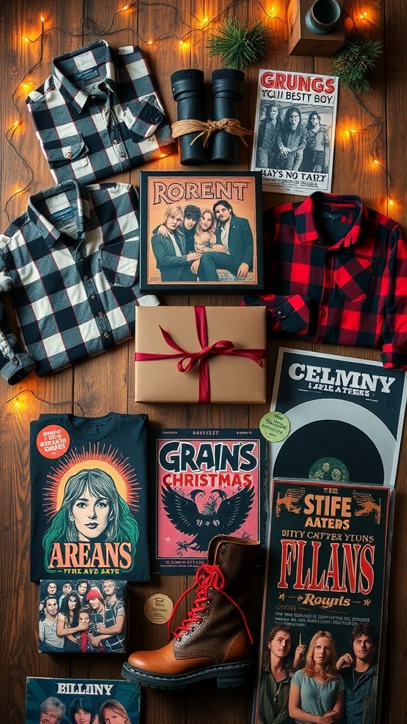 A collection of grunge gifts like flannel shirts, combat boots, and vinyl records on a rustic table with holiday decorations.